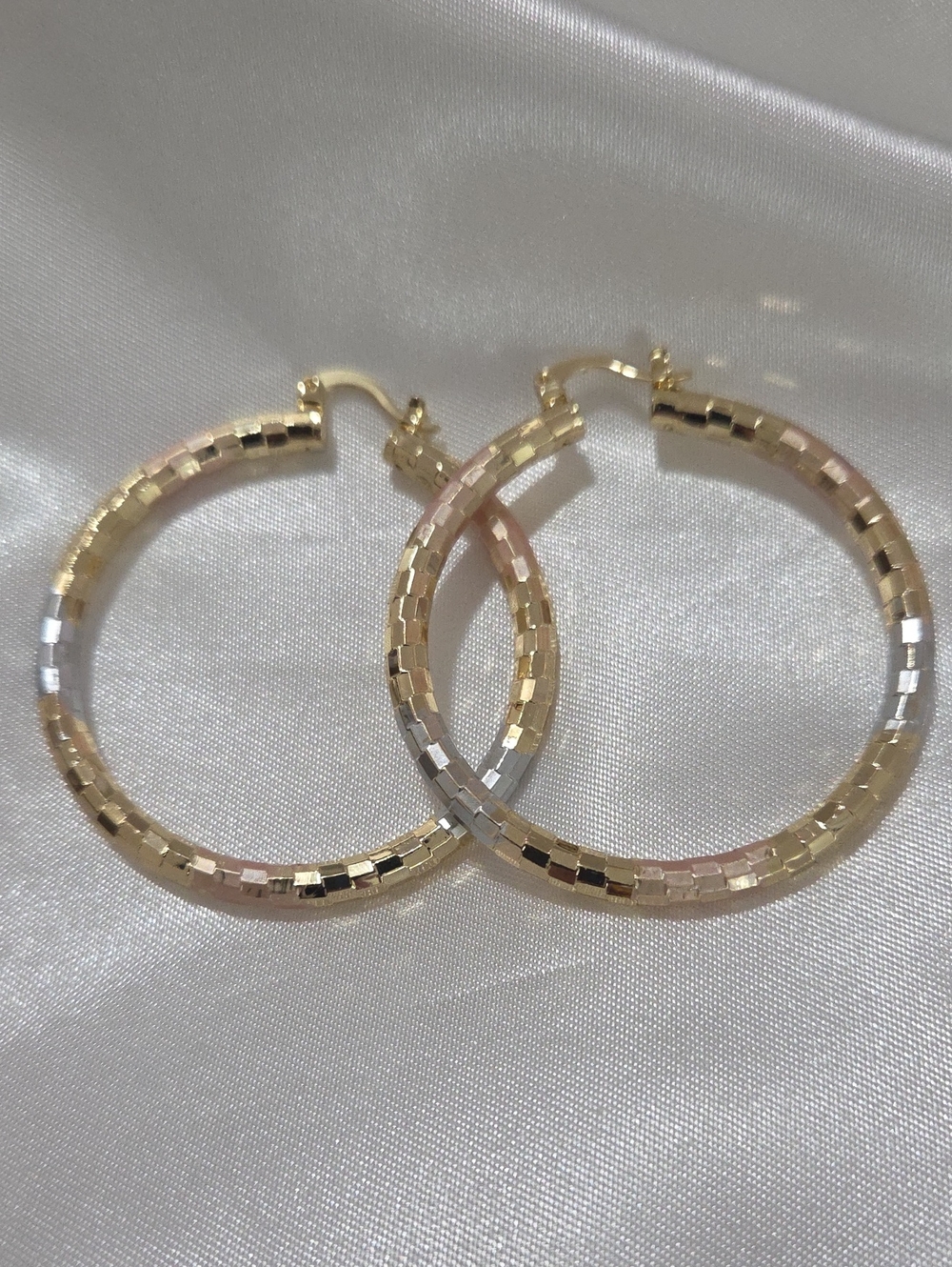 14k Laminated Gold Tri-Tone Faceted Hoop Earrings - Gold, Silver & Rose Gold